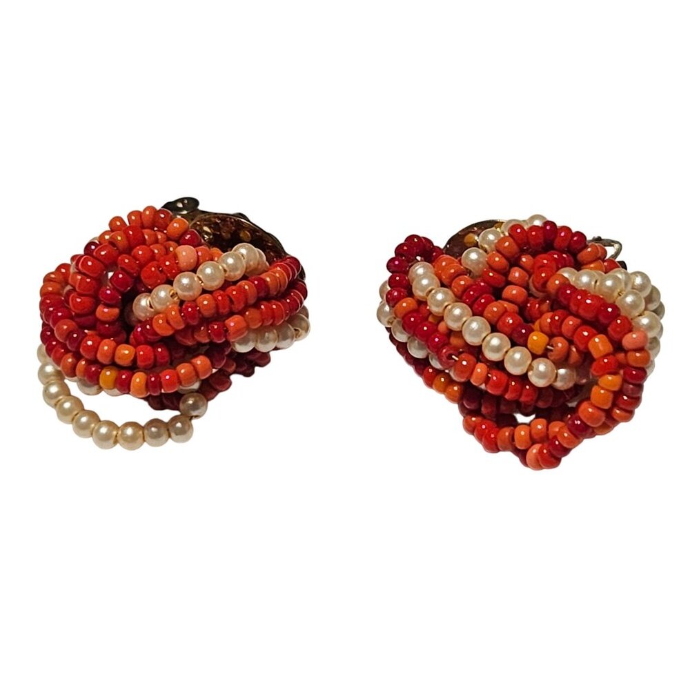 Vintage Faux Pearl Cluster Beaded Clip On Earrings Red Orange Retro 60s Jewelry